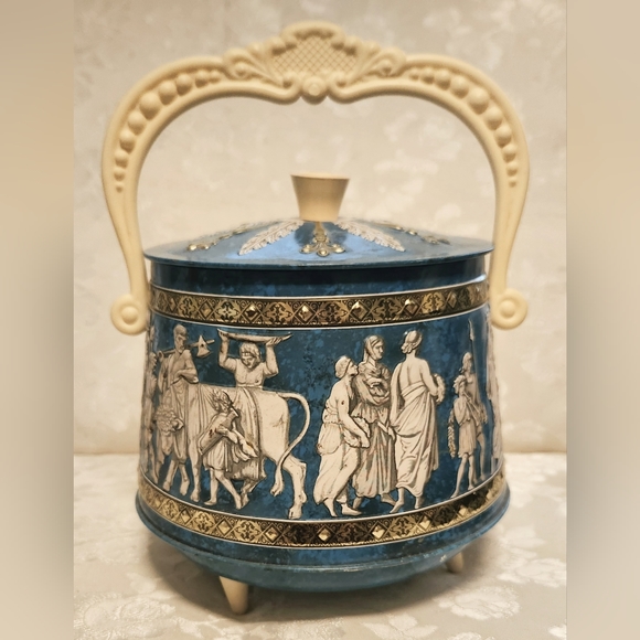 Vintage Footed Biscuit Tin with Lid & Handle Ancient Greece Wedding Celebration - Picture 1 of 6